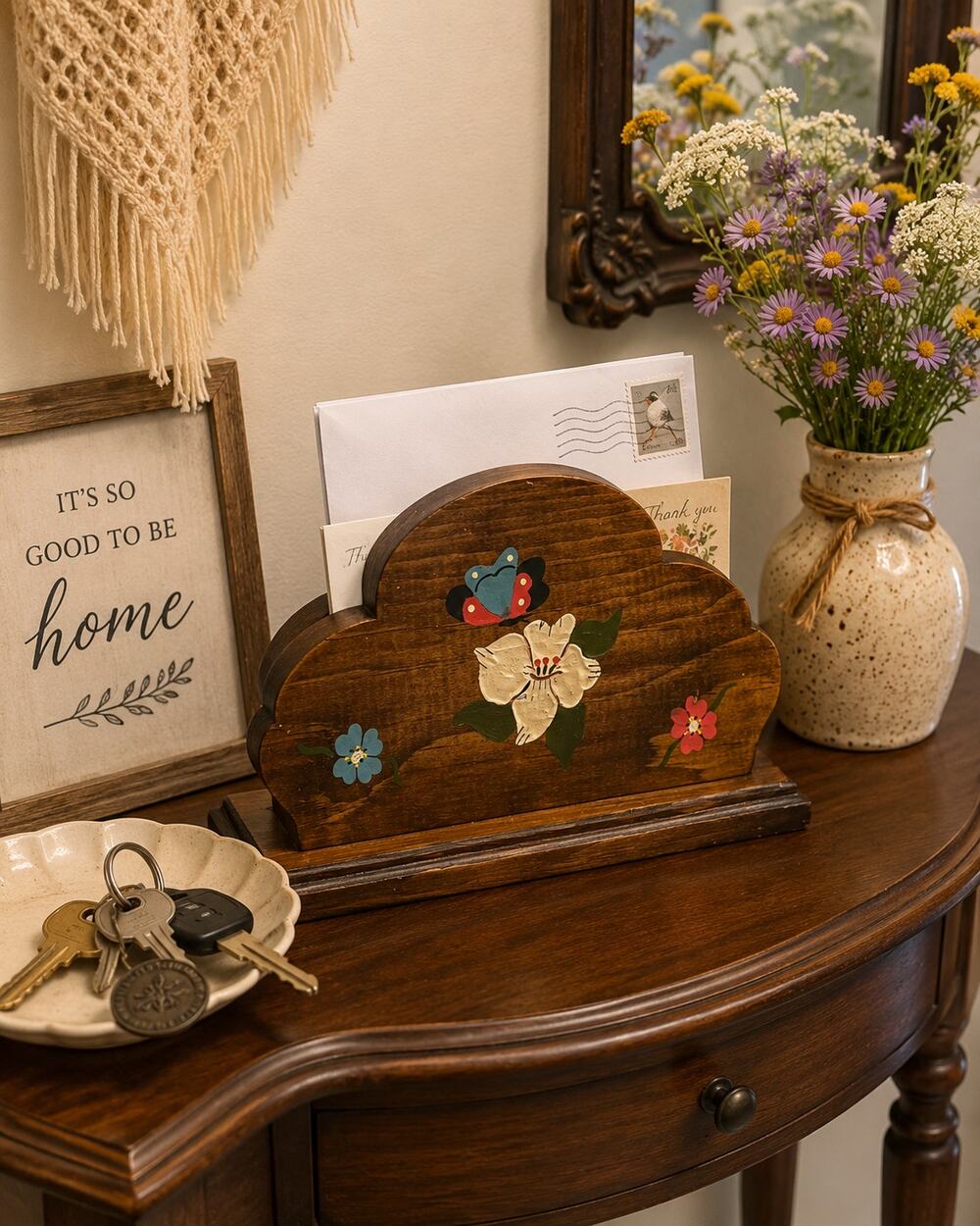Wooden Hand-Painted Letter/Napkin Holder Organizer Butterfly Floral Cottagecore